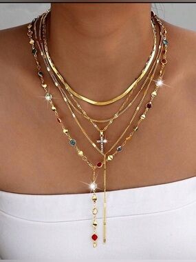 Gold Multicolor Layered Necklace Set - Women Jewelry